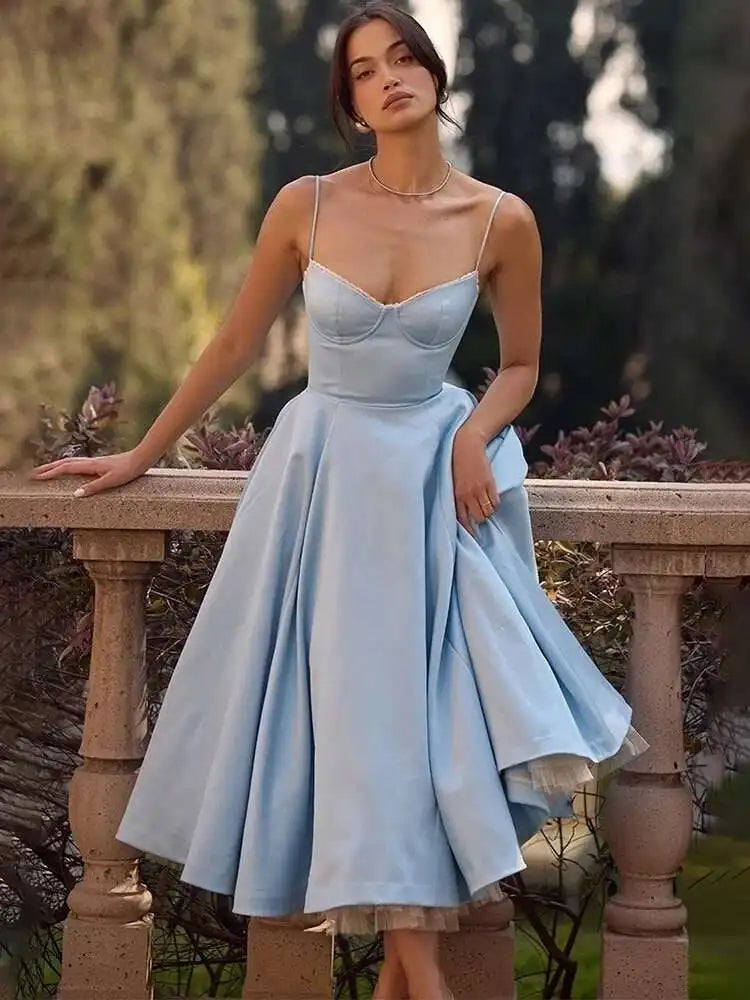 Spaghetti Strap A-Line Dress Women 2025 Vacation Elegant Evening Midi Summer Dress Backless Party Sexy Dress Vestidos