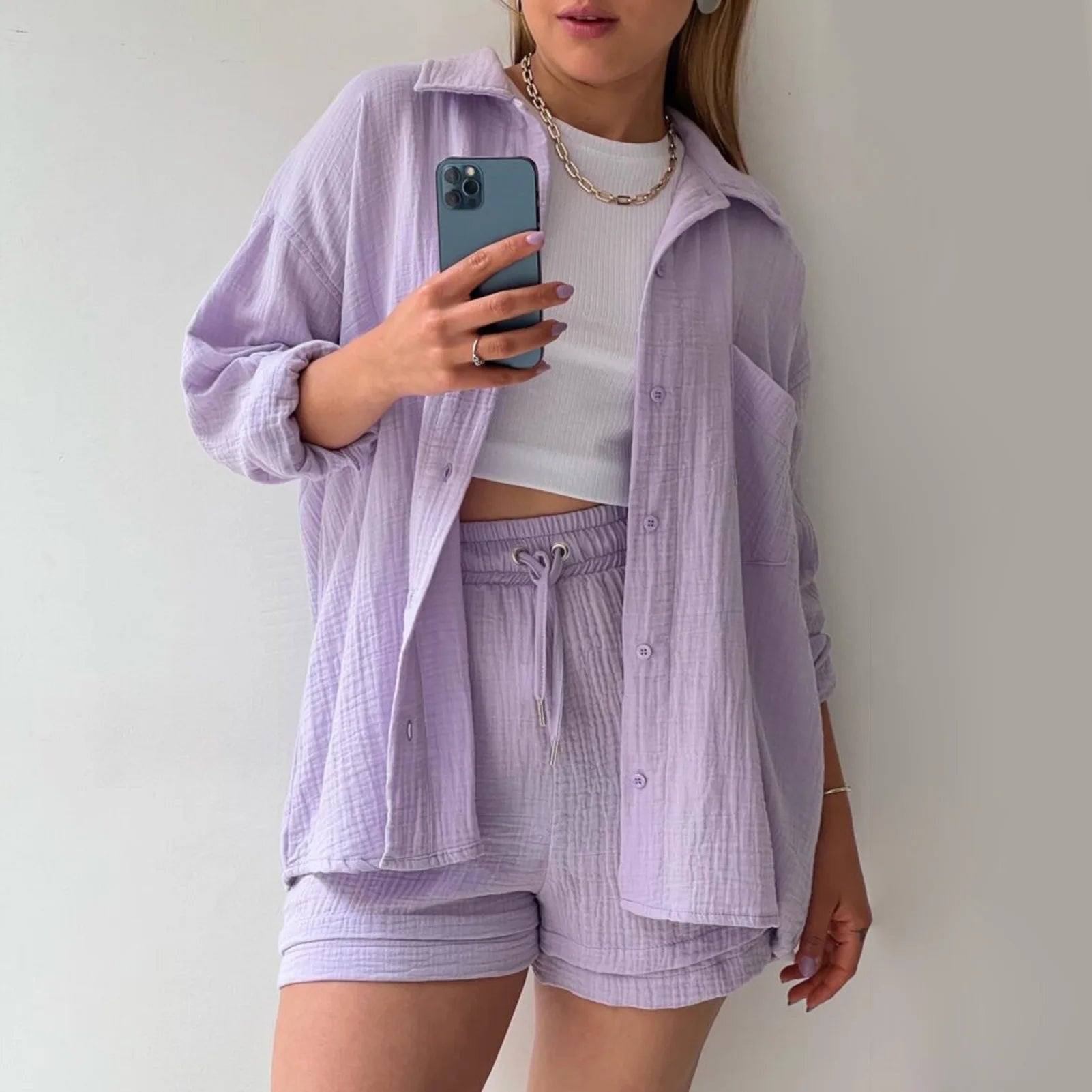 Women Summer Outfit Muslin Blouse Coat 2 Piece Clothing Women'S Elegant Beach Holiday Women Set Female Coat Loose Suit