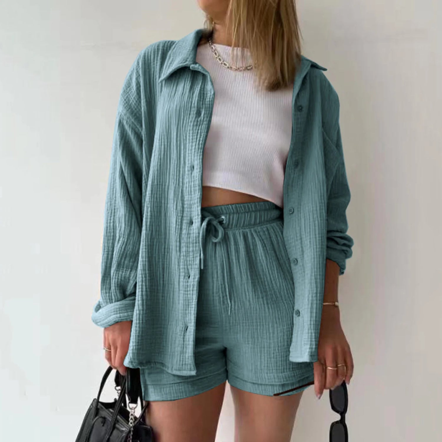 Women Summer Outfit Muslin Blouse Coat 2 Piece Clothing Women'S Elegant Beach Holiday Women Set Female Coat Loose Suit