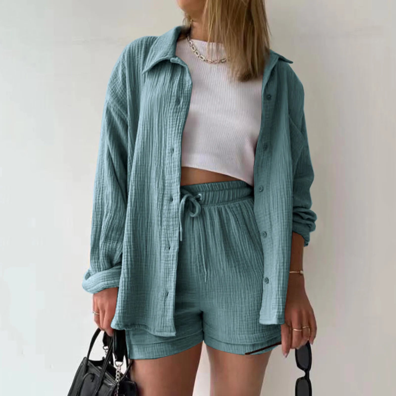 Women Summer Outfit Muslin Blouse Coat 2 Piece Clothing Women'S Elegant Beach Holiday Women Set Female Coat Loose Suit