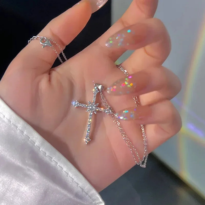 Crystal Cross Pendant Necklace for Women Girls Shiny Sweet Chain Punk Party Fashion Pendant Fashion Y2K Jewelry Accessories