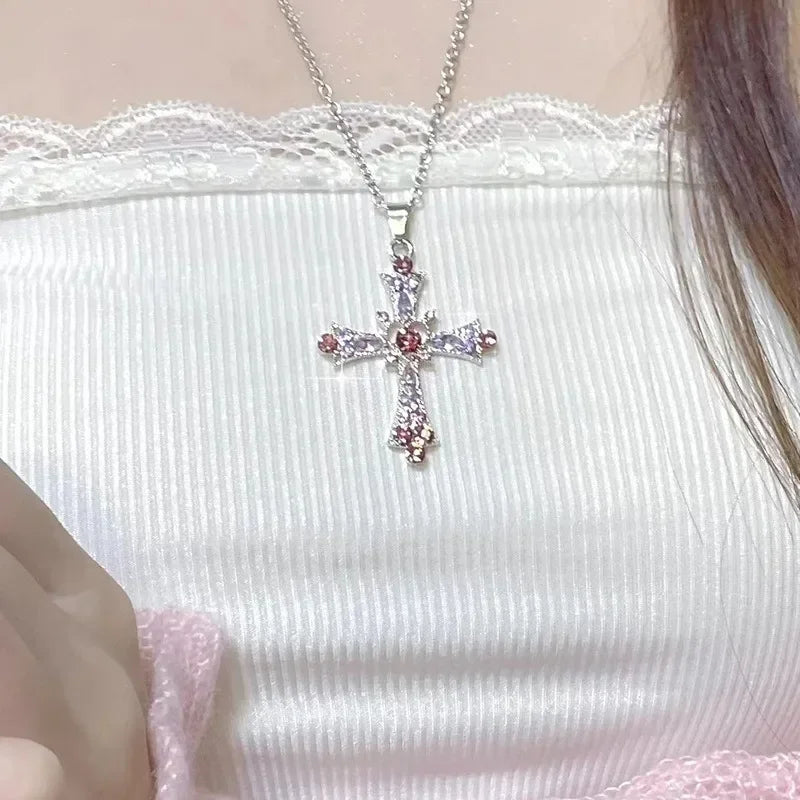 Crystal Cross Pendant Necklace for Women Girls Shiny Sweet Chain Punk Party Fashion Pendant Fashion Y2K Jewelry Accessories