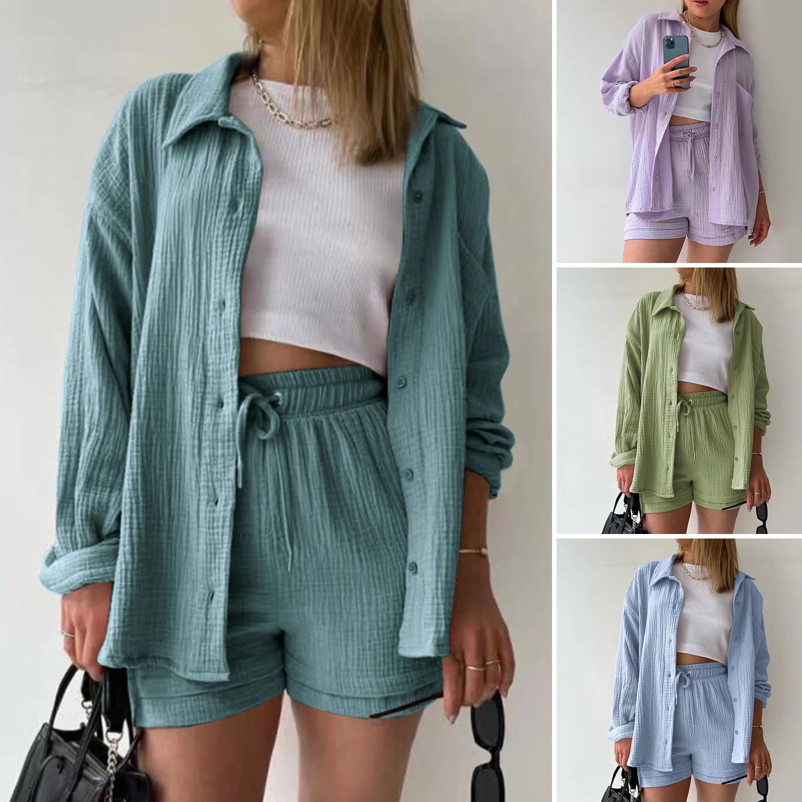 Women Summer Outfit Muslin Blouse Coat 2 Piece Clothing Women'S Elegant Beach Holiday Women Set Female Coat Loose Suit