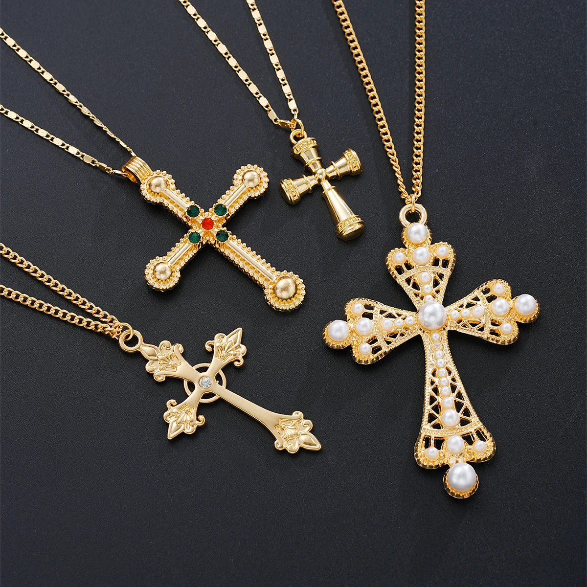4Pcs Fashion Punk Cross Pendant Necklace Set for Women Vintage Artificial Crystals Exaggerated Multi-Ler Necklaces New Jewelry