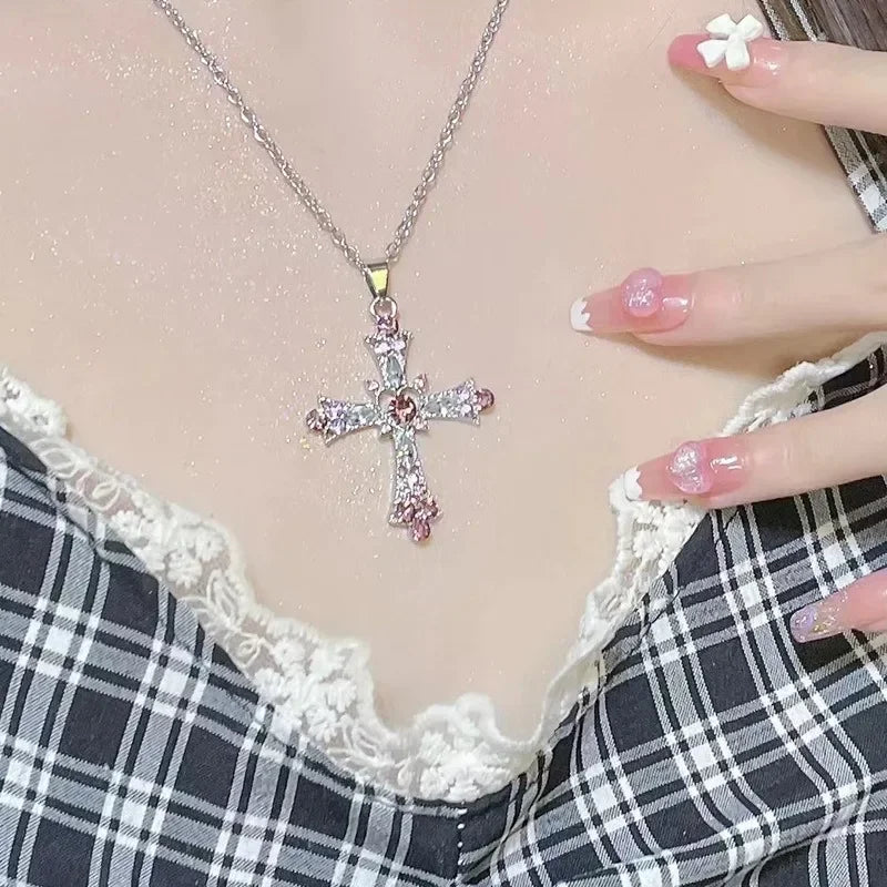 Crystal Cross Pendant Necklace for Women Girls Shiny Sweet Chain Punk Party Fashion Pendant Fashion Y2K Jewelry Accessories