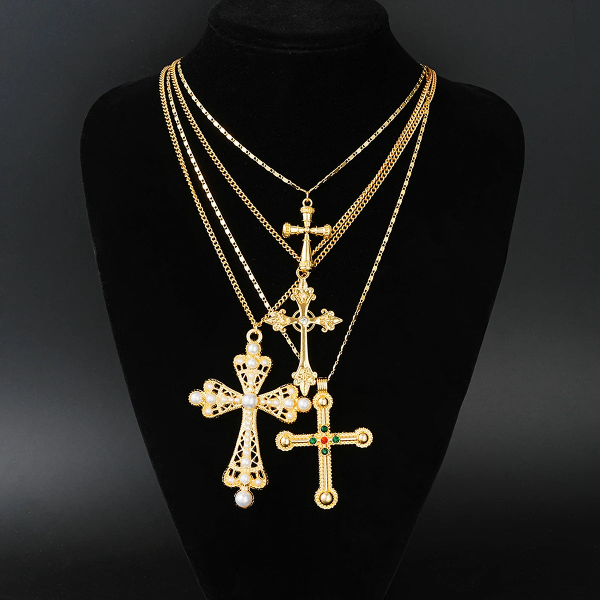 4Pcs Fashion Punk Cross Pendant Necklace Set for Women Vintage Artificial Crystals Exaggerated Multi-Ler Necklaces New Jewelry