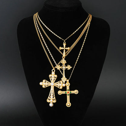4Pcs Fashion Punk Cross Pendant Necklace Set for Women Vintage Artificial Crystals Exaggerated Multi-Ler Necklaces New Jewelry