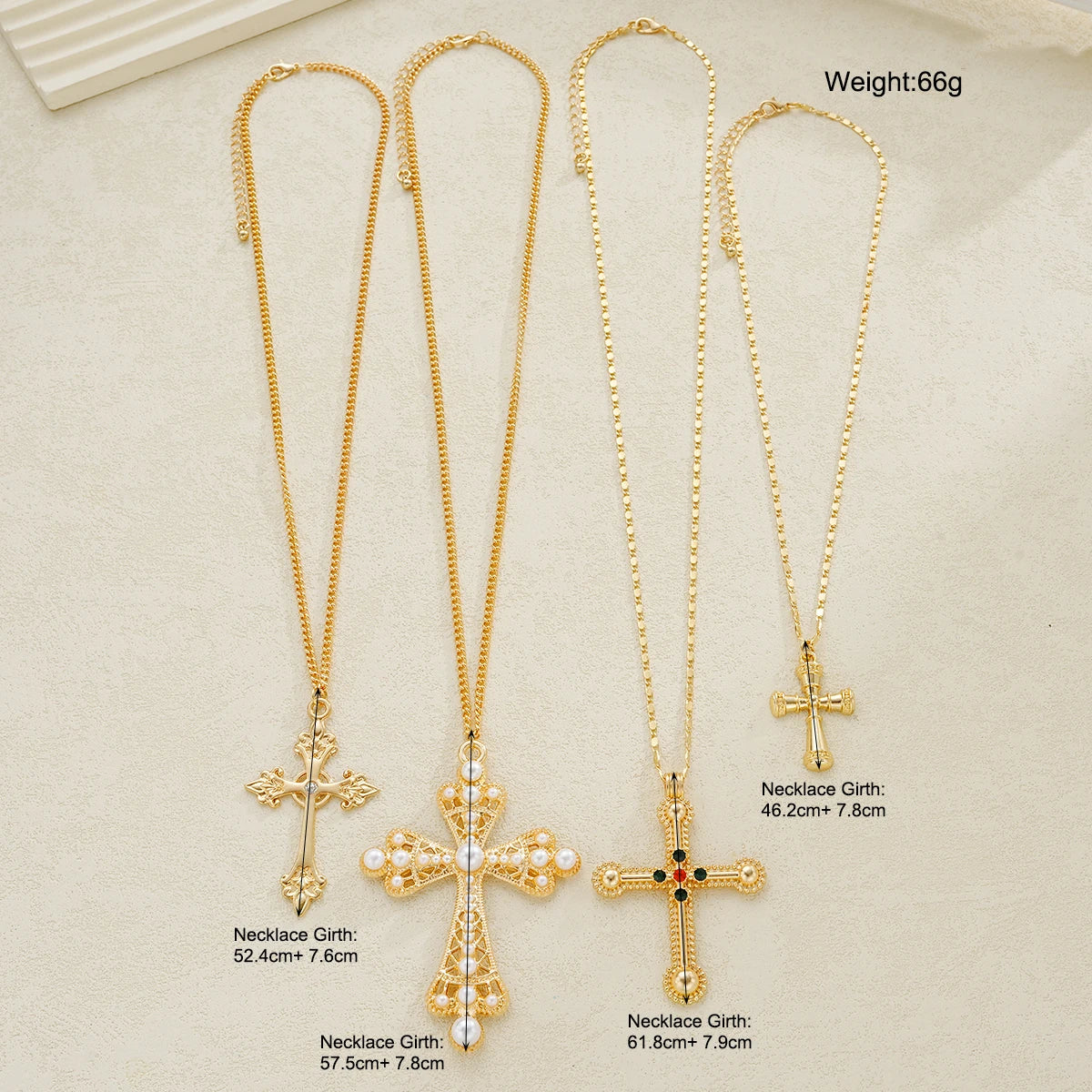 4Pcs Fashion Punk Cross Pendant Necklace Set for Women Vintage Artificial Crystals Exaggerated Multi-Ler Necklaces New Jewelry