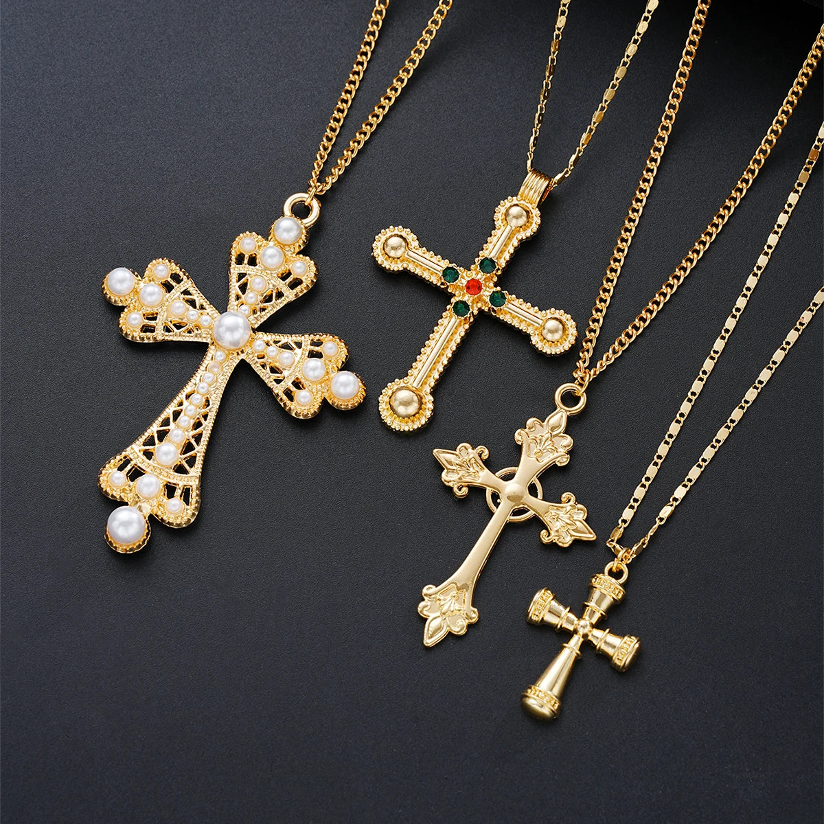 4Pcs Fashion Punk Cross Pendant Necklace Set for Women Vintage Artificial Crystals Exaggerated Multi-Ler Necklaces New Jewelry