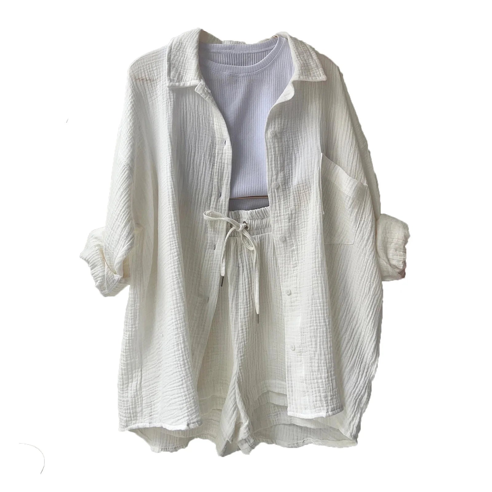 Women Summer Outfit Muslin Blouse Coat 2 Piece Clothing Women'S Elegant Beach Holiday Women Set Female Coat Loose Suit