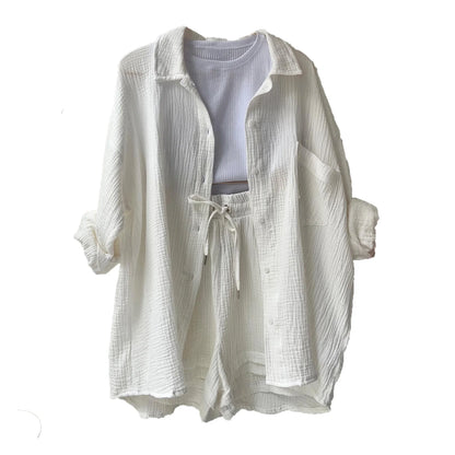 Women Summer Outfit Muslin Blouse Coat 2 Piece Clothing Women'S Elegant Beach Holiday Women Set Female Coat Loose Suit